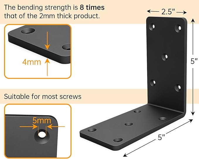 5x5x2.5“ Heavy Duty Angle Bracket， (8PCS) L Bracket for Shelves Fence Pergola Post Wood，90 Degree Corner Brace for Floating Shelf Countertop Support
