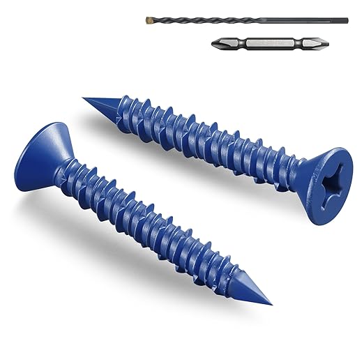 35Pcs 3/16 x 1-3/4 Inch Concrete Screws Anchor with Drill Bit, Blue Flat Head Masonry Brick Stucco Cement Block Screws, Diamond Point