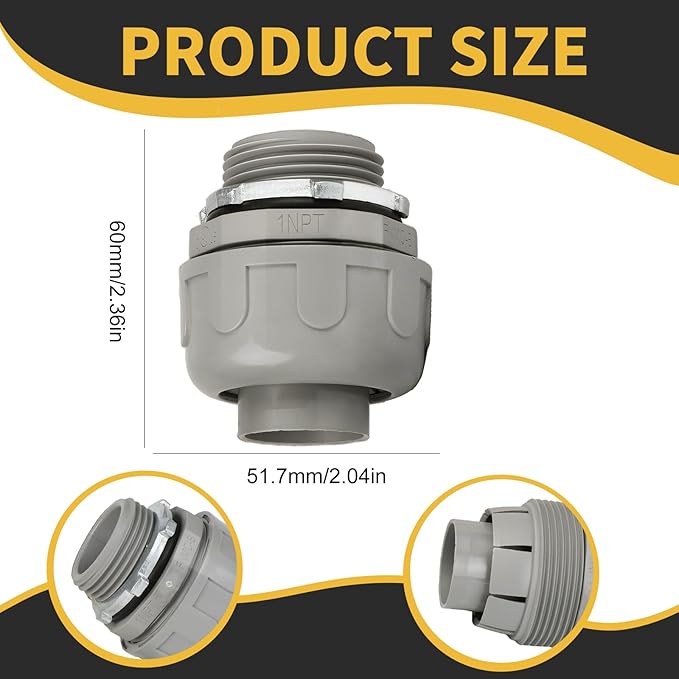 Conduit Connectors, 1 Inch Liquid Tight Connector NPT Non-Metallic for PVC Electrical Flexible Conduit Fittings, 180 Degree Straight, UL Listed for Home Outdoor Tubes Tools, Grey (15-Pack)