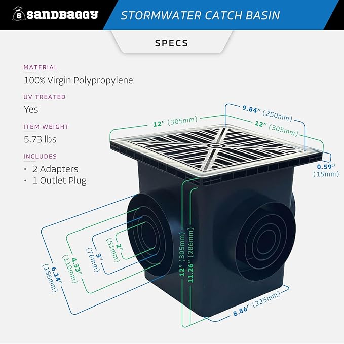 Sandbaggy 12" x 12" Stormwater Catch Basin - 4 Outlets - UV Treated with Debris Basket - Residential, Yard, Lawn, French Drains (12" x 12", 10, Count)