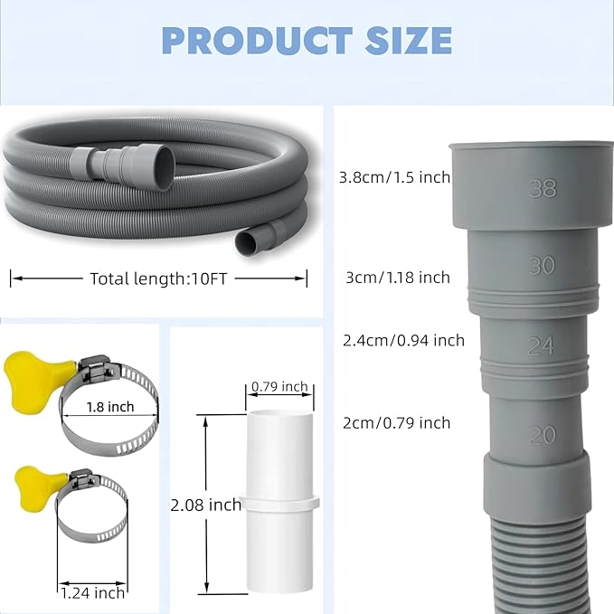 10FT Universal Washing Machine Drain Hose Kit – Extra-Long Flexible Corrugated Extension for Washer/Dishwasher/Dehumidifier | 7-Pack: U-Bend Bracket, 4 Stainless Clamps + Adapter