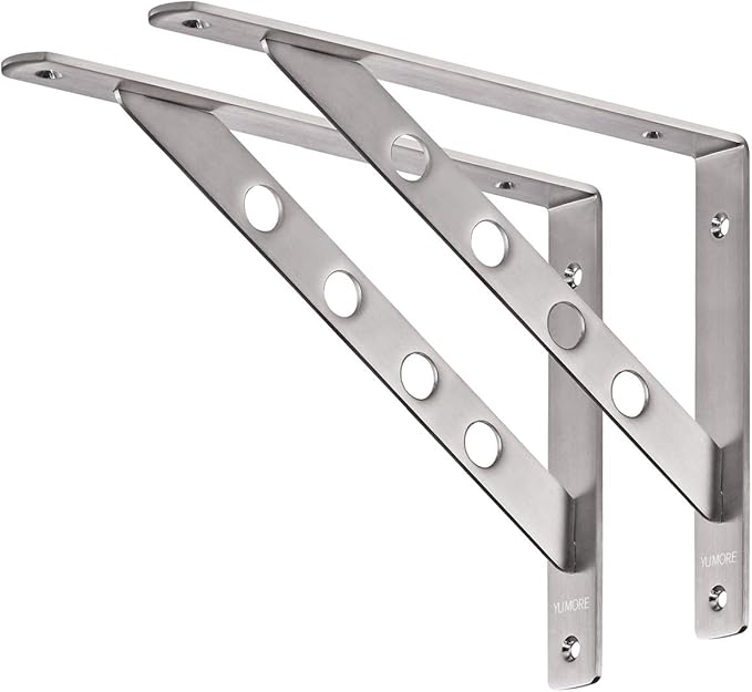 YUMORE Shelf Bracket 12", Stainless Steel Heavy Duty L Shaped Brackets Wall Mounted Floating Table Support with Hanging Holes Corner Brace 4mm Right Angle Joint Brackets, 2pcs, Max Load 400lbs