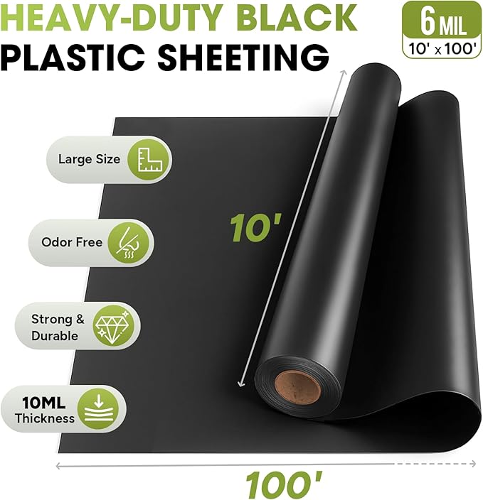 6 Mil Black Plastic Sheeting 10x100 FT – UV Protection Poly Sheeting Polyethylene Film, Black Plastic Rolls for Garden, Crawl Space Vapor Barrier, Construction, Landscaping, Weed, Moisture Control