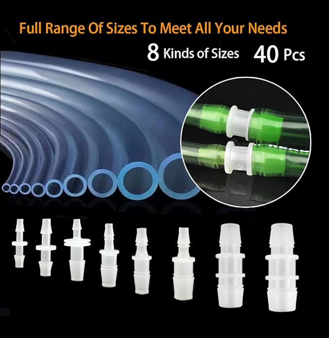 40Pcs Hose Barb Fitting, Barb Reducer, Pipe Connectors Joint Mender Adapter Union for Aquarium Gas Liquid,ID1/2"x1/4",1/2"x3/8",1/2"x5/8",1/4"x3/8",1/4"x3/16", 1/4"x5/32",3/8"x3/16",1/8"x1/4"