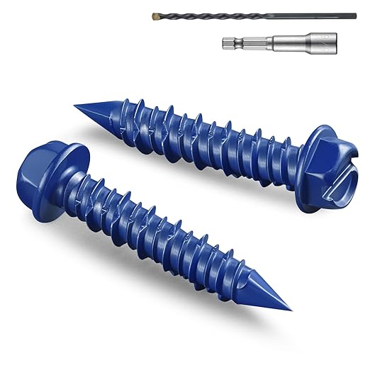100Pcs 1/4 x 1-1/4 Inch Concrete Screws Anchor with Drill Bit, Blue Hex Head Masonry Brick Stucco Cement Block Screws, Diamond Point