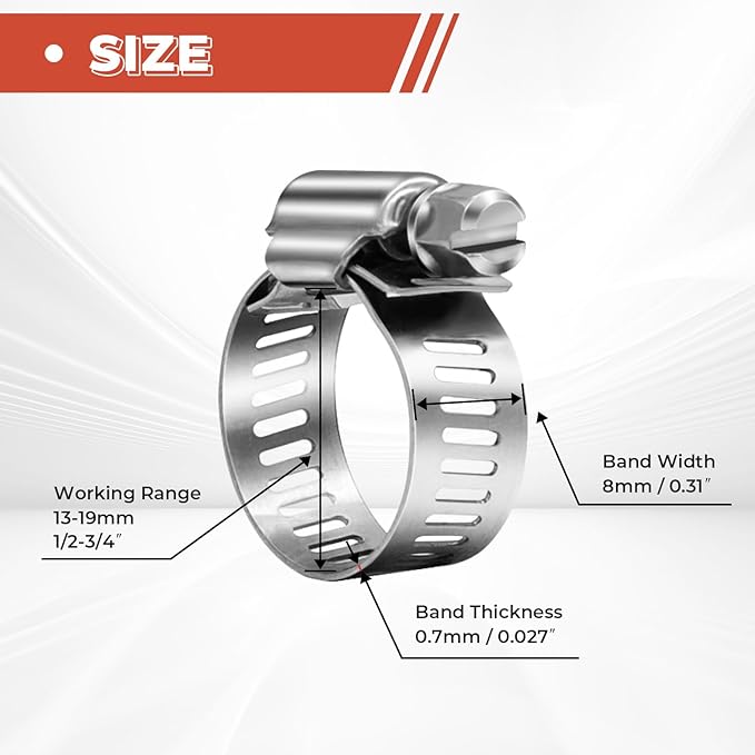 24 Pack 1/2" - 3/4" Worm Gear Hose Clamps, Adjustable Range 13-19mm 304 Stainless Steel Fuel Line Hose Clamps for Pipe, Plumbing, Automotive and Mechanical Application