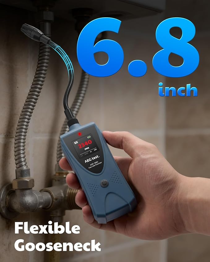 AGT-1385 Gas Leak Detector, Natural Gas Detector with 6.8-Inch Neck, Color Display, Visual & Audible Alarms for Methane, Propane & Other Combustible Leaks for Home & RV (Includes 2 Batteries)