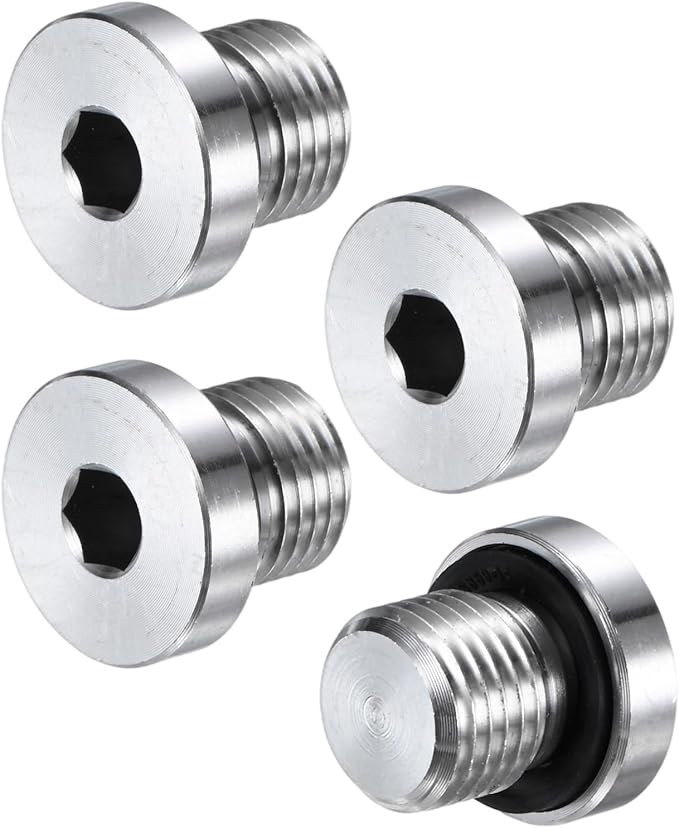 4-Pack Inner Hex Head Pipe Fitting Plug, 1/4 NPT 304 Stainless Steel Socket Bung Plug with Sealing Ring for Terminate Pipe Ends/Replacement Drains