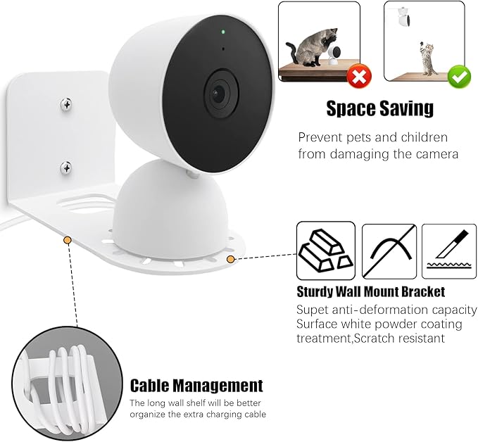 Large Metal Wall Mount Holder fits for Google Nest Indoor 2nd Generation Wired Security Cam, Flexible Installation Camera Shelf for Better View Angle Mount on Wall Deck,1 Pack