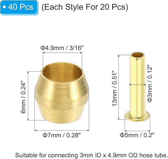 PATIKIL Brass Compression Sleeves Ferrules for 3/16 Inch OD Hose Tube, 20 Pack Brass Ferrule Brass Compression Insert Fitting Assortment Kit for Air Water Gas Pipe
