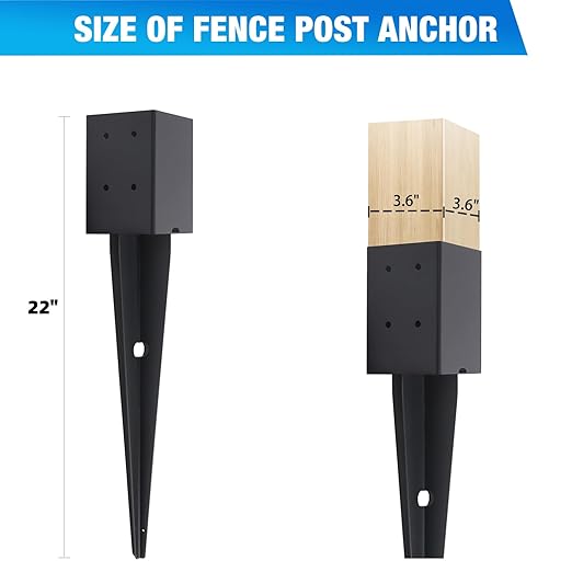 1 Pcs 4"x4" Fence Post Anchor Ground Spike 22"(Actual 3.6"x3.6") Heavy Duty Metal Fence Post Anchor with Black Powder-Coated for Deck,Fence,Porch,Railing,Mailbox