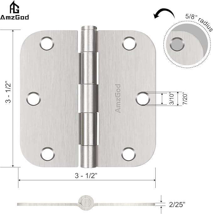 Door Hinges Brushed Nickel - 30 Pack Nickel Door Hinges 3.5 Inch Rounded Interior Satin Nickel Door Hinge with 5/8" Radius - Flat Iron Residential Standard 3 1/2 Inches Silver Door Hardware