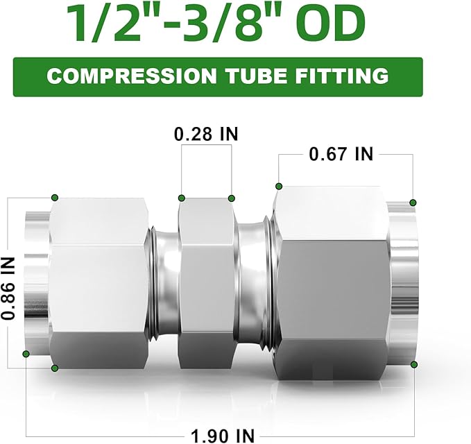 TAISHER 5PCS 304 Stainless Steel Compression Tube Pipe Fitting Connector, 1/2" Tube OD x 3/8" Tube OD Straight Adapter