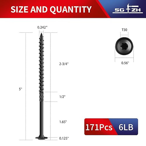 #14 x 5 Inch Lag Screws (171Pcs) 6lb. Structural Wood Screw, Black, Carbon Steel, Washer Head, Rust Resistant epoxy Coated, T30 Star Bit