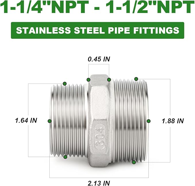 TAISHER 2PCS Cast 304 Stainless Steel Hex Nipple, Reducer Pipe Fitting 1-1/2" NPT Male x 1-1/4" NPT Male
