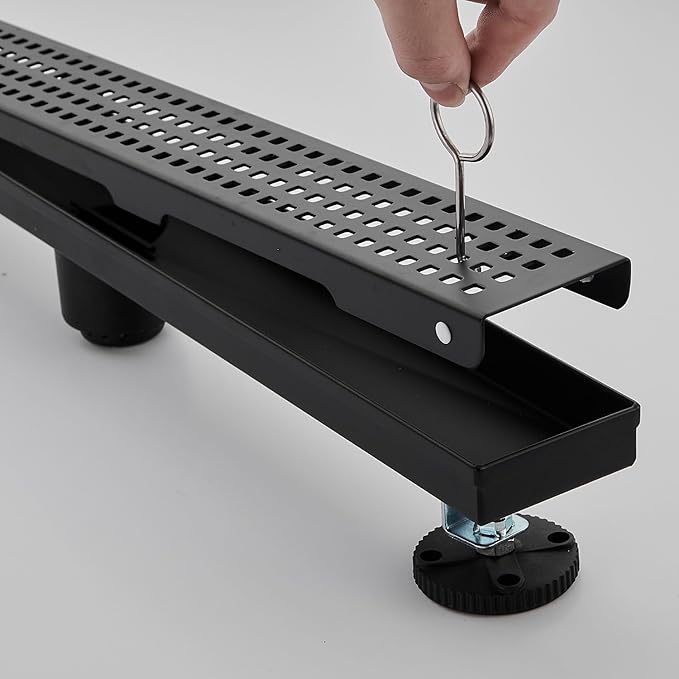 Linear Shower Floor Drain, Matte Black 36 Inch 304 Stainless Steel Bathroom Drains Kit, Long Rectangular Shower Trench Drain with Square Pattern Drain Cover & Hair Catcher