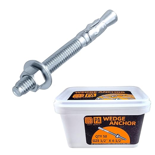 Party Animals 1/2 x 4-1/2 Inch Wedge Anchor, 50 PCs Zinc-Plated Industrial Anchor Bolts for Cement, Concrete