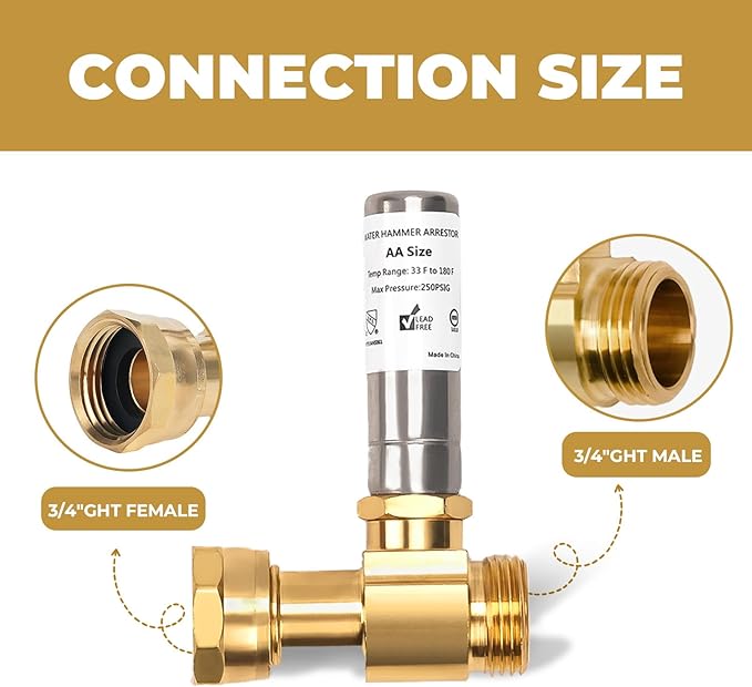 Stainless Steel Water Hammer Arrestor for Washing Machine, 3/4" Swivel FHT x 3/4" MHT, Stops Water Hammer & Pipe Knock, Reduces Noise, Straight, 2-Pack
