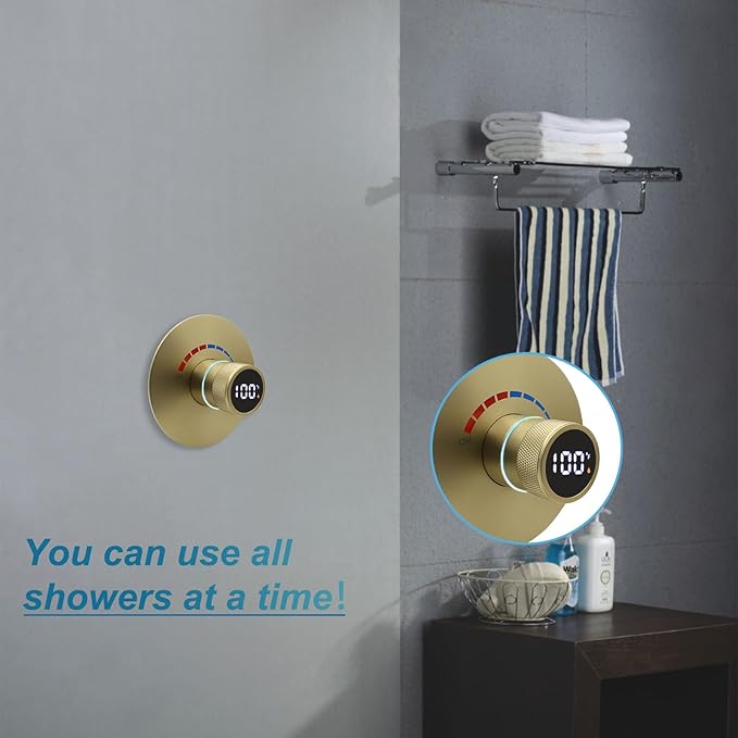 Round Digital Display Shower Valve Shower Diverter Single Way Shower Mixing Valve Concealed Installation in Wall for Bathroom Brushed Gold