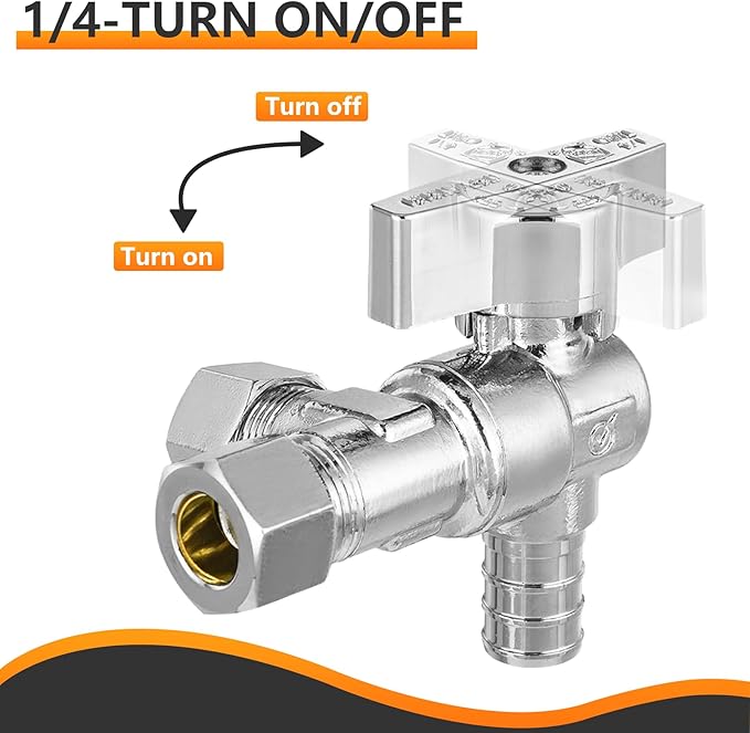 2-PCs HeSun Barb Crimp Inlet Angle Stop Valve, Quarter-Turn 1/2" PEX-B x 3/8" OD x 3/8" OD Compression, Dual Compression Outlet Shut Off Valve, PEX Chrome Plated Brass, ASTM F1807(VALVE200)