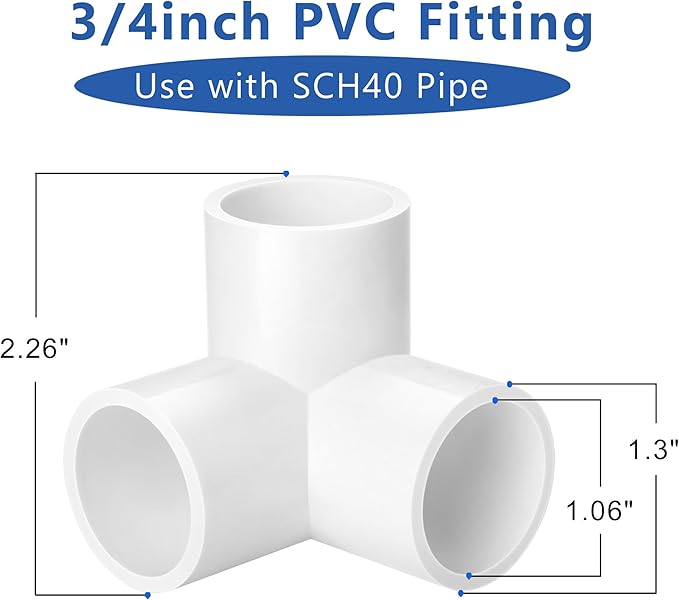 3/4 inch PVC Fitting 3-Way, 6-Pack Tee Elbow Connectors, ZhiYo Furniture-Grade SCH40 PVC Pipe Fittings for Greenhouse, Frames, Sheds, Pet Beds, Pet Enclosures, Hydroponic and Tent Structures
