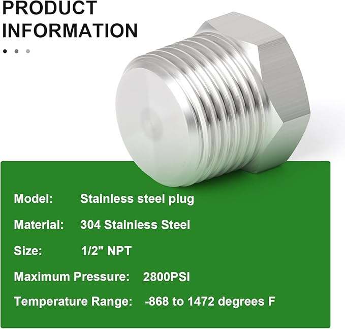 TAISHER 5PCS Stainless Steel Outer Hex Thread Socket Pipe Plug Fitting 1/2" NPT Male
