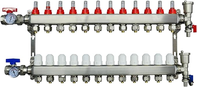 12 Branch PEX Radiant Floor Heating Manifold Set Floor Heating Water Distributor 1/2" Pipe Adapter 304 Stainless Steel and Brass, for Heating Systems