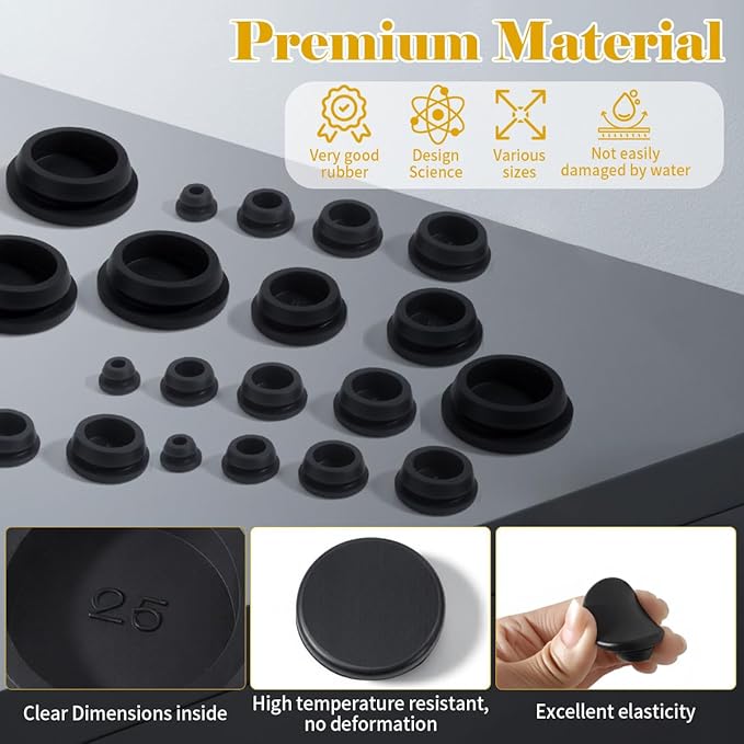62PCS 6 Sizes Rubber Plugs for Round Holes,Silicone Plug Black 1" 3/4" 5/8" 1/2" 3/8" 1/4" with Snap Locking, Silicone Stoppers Plugs Suitable for Car Auto Wiring Furniture