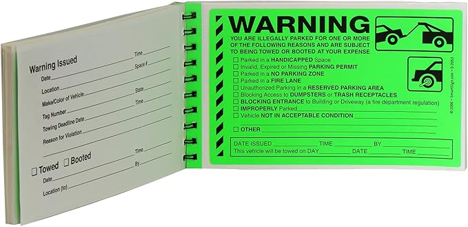 SmartSign Warning You are Illegally Parked Stickers | Book of 50 Labels with Liners, 5 x 8 inch, Tow Warning Parking Violation Sticker, Hard to Remove Write-On Tickets, Fluorescent Green