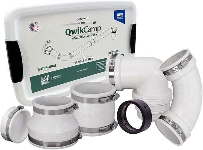 Fernco QwikCamp RV and Camper Sewer Waste Plumbing Connection System Kit with Slip Fit Coupling Adapter for 3-in. PVC Pipe in White