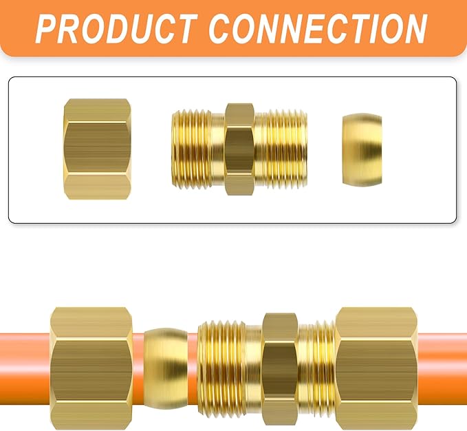 GASHER 5PCS Brass Compression Tube Pipe Fitting Connector, 12mm Tube OD Connector