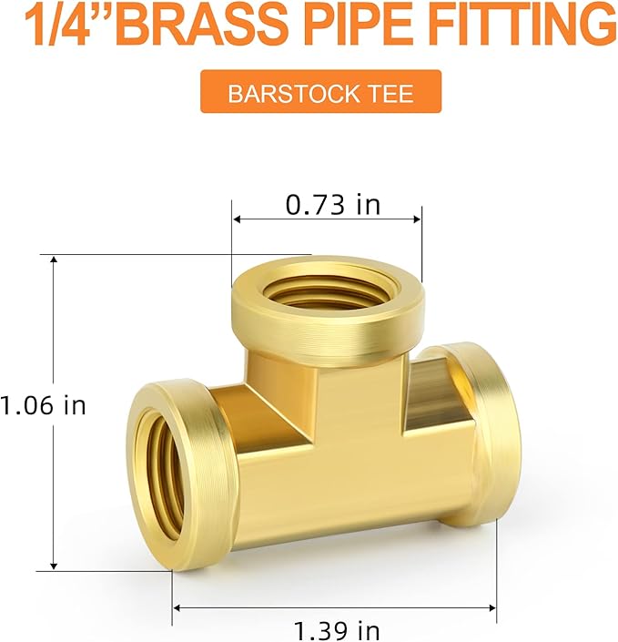 GASHER 8Pcs Brass Tee Fitting, 1/4" x 1/4" x 1/4" NPT Female Pipe Fittings
