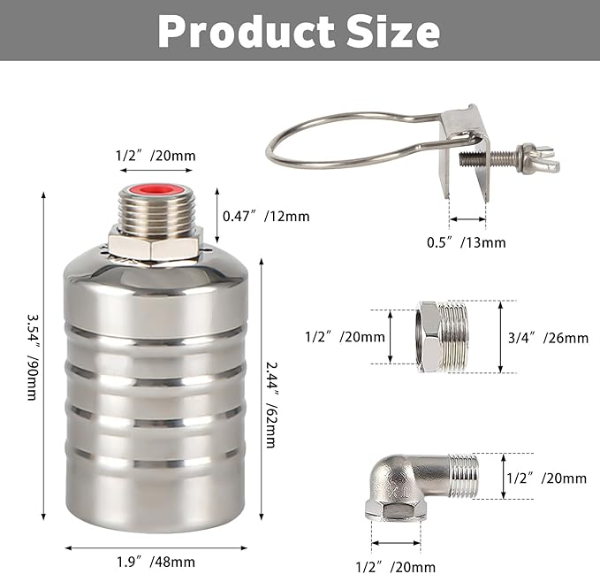 2-Pack Internal Float Valves, Automatic Water Level Control Valve for Water Tanks, Pools, Livestock & Aquariums – 1/2" to 3/4" Inlet, Food-Grade Nylon & Stainless Steel