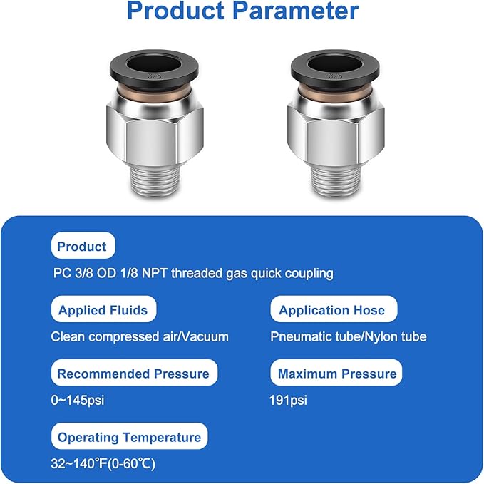 10 Pcs Push-to-Connect Fittings 3/8 Inch Tube OD x 1/8 Inch NPT Thread Pneumatic Male Straight Quick Connect Air line fittings