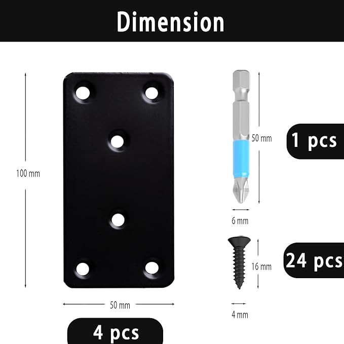 4 Pcs Mending Plate, 3.94 x 1.97 inch Stainless Steel Flat Plates with Holes, Straight Metal Mounting Braces Brackets Kit for Furniture, Wood Joint Connector (Black, 3.94 inch)