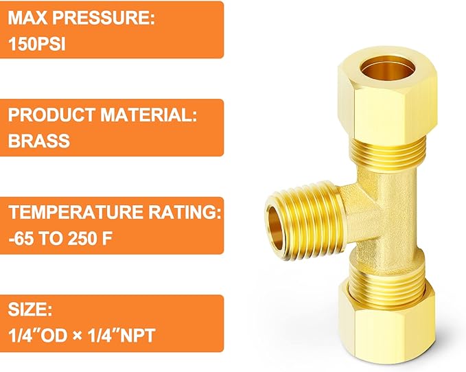 GASHER 5PCS Brass Compression Tube Tee Pipe Fitting Connector，1/4" OD x 1/4" NPT x 1/4" OD，Male Branch Tee