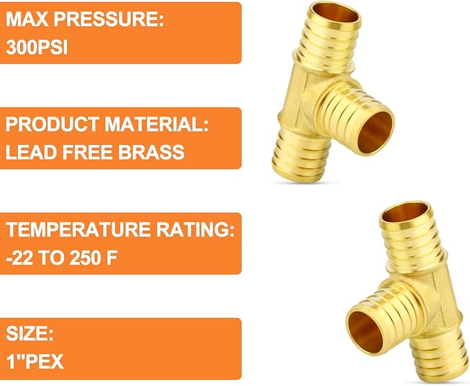 GASHER 10Pcs No Lead Brass 1" Pex Tee Fittings, 1 Inch Pex Fittings for Pex Tubing