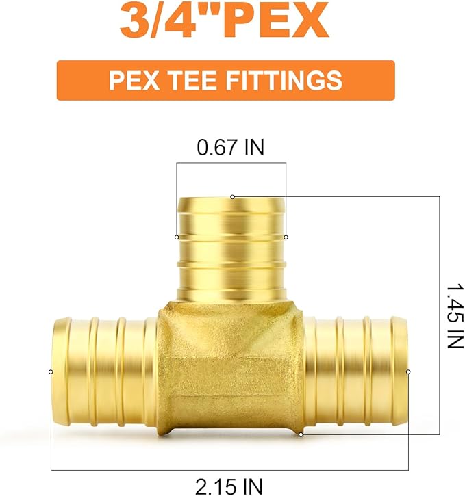 GASHER 5Pcs No Lead Brass 3/4" Pex Tee Fittings, 3/4 Inch Pex Fittings for Pex Tubing