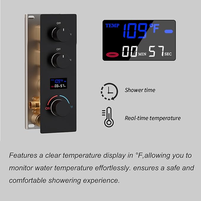 Concealed Mount Brass Shower Valve, Digital Temperature Display, Flow Control Mixing Valve, 2 Function, Matte Black