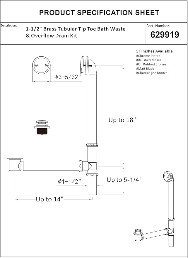 Artiwell 1.5" Brass Tubular Bath Drain Kit - Touch-Toe Bathtub Drain Stopper, Overflow with Plug - Brushed Nickel