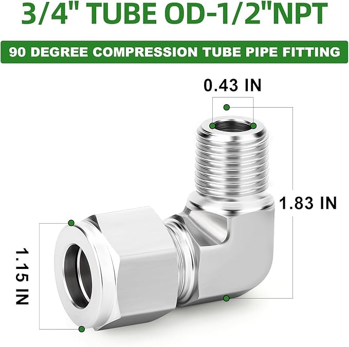 TAISHER 1PCS 316 Stainless Steel 90 Degree Compression Tube Pipe Fitting Connector, 3/4" Tube OD x 1/2" NPT Male Adapter