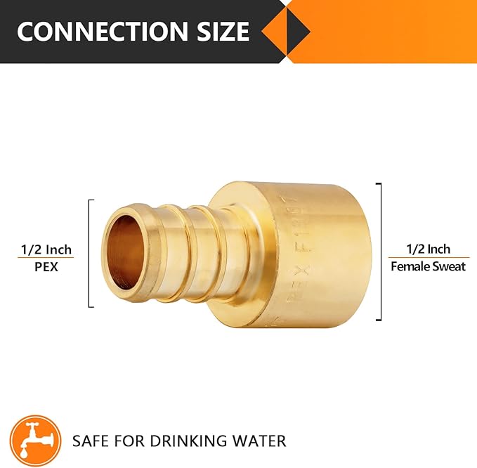 20-Pack HeSun PEX Fittings, 1/2" PEX x 1/2" Female Sweat Adapter (Over Copper Tube), Brass Crimp Fitting for ASTM F1807(PEX1807127-20)