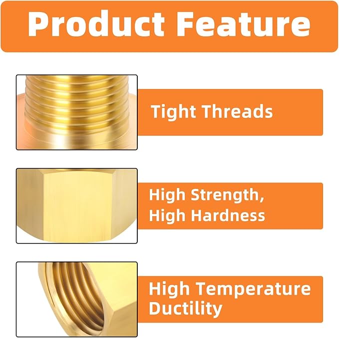 GASHER 8PCS Brass Pipe Fitting, Reducer Adapter, 1/2-Inch Male Pipe x 1/8-Inch Female Pipe
