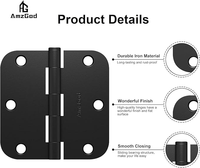 Door Hinges Matte Black - 48 Pack Black Door Hinges 3.5 Inch Rounded Interior Door Hinge with 5/8" Radius Corners - Black Hinges for Doors 3 1/2 Inches Flat Iron Residential Door Hardware