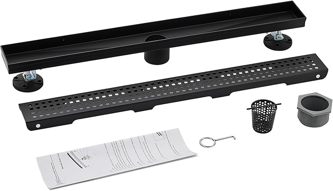 Linear Shower Floor Drain, Matte Black 12 Inch 304 Stainless Steel Bathroom Drains Kit, Long Rectangular Shower Trench Drain with Square Pattern Drain Cover & Hair Catcher