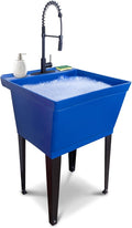 Utility Sink Extra-Deep Laundry Tub in Blue with High-Arc Black Coil Pull-Down Sprayer Faucet, Integrated Supply Lines, P-Trap Kit, Heavy Duty Floor Mounted Freestanding Wash Station