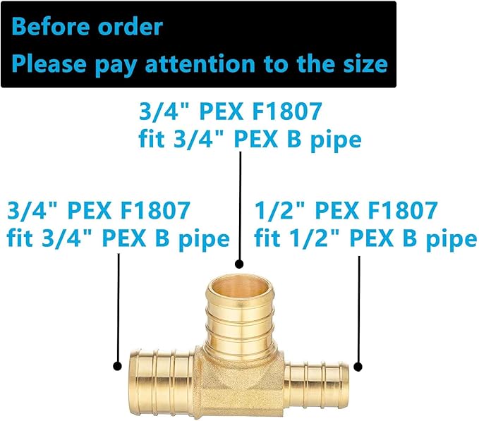 (10 Pack) Lidertik Pex Fittings Reducing Tee Brass Crimp Pipe, 1/2" * 3/4" * 3/4" PEX-B Brass LI-APXT123434(10 Pieces)