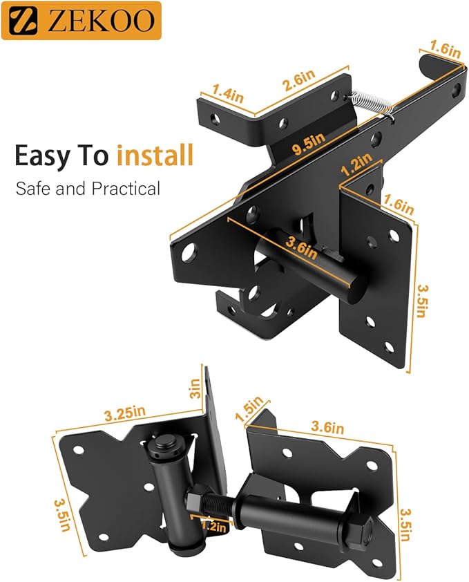 ZEKOO Stainless Steel Vinyl Fence Gate kit, Self Closing Gate Hinges and Latch, Rust Proof, Use for Vinyl Fence Gate and Wood Fences Gate, Heavy Duty 1 Gate Latch 2 Gate Hinges (Black)