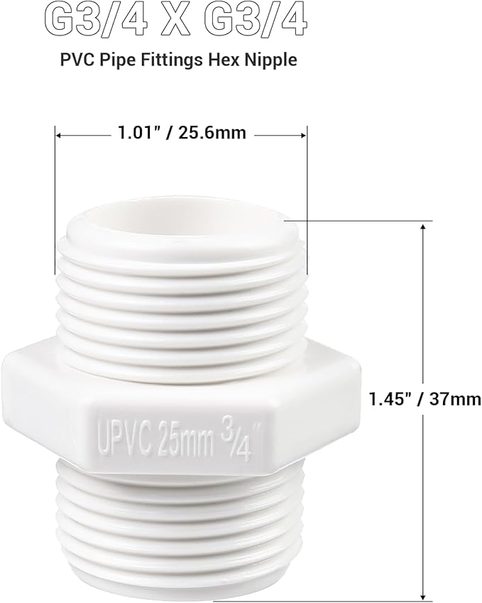 10 Pcs 3/4 Inch PVC Pipe Fittings Hex Nipple G3/4 X G3/4 Male Thread Coupling Adapter Connector