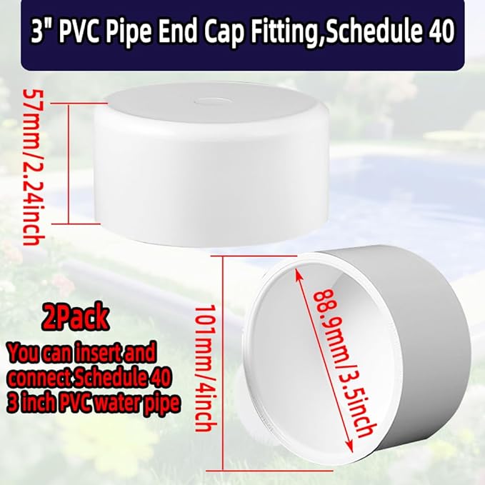 2 Pack 3" PVC Pipe End Cap Fitting,Schedule 40, 3 inch PVC Pipe End Cap Plug Adapter for Cold Water Supply Lines,Garden Irrigation&DIY Garden Shelf, White.